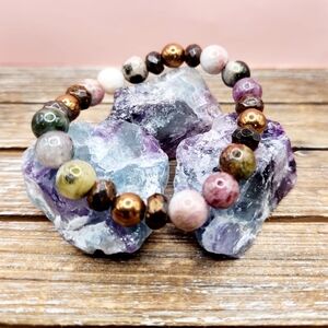 Watermelon Tourmaline, Bronzite, and Copper Hematite Beaded Bracelet